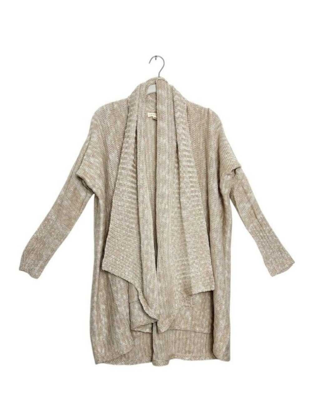 Love Stitch Draped Lapel Open Knit Cardigan in Tan/White - OS - New